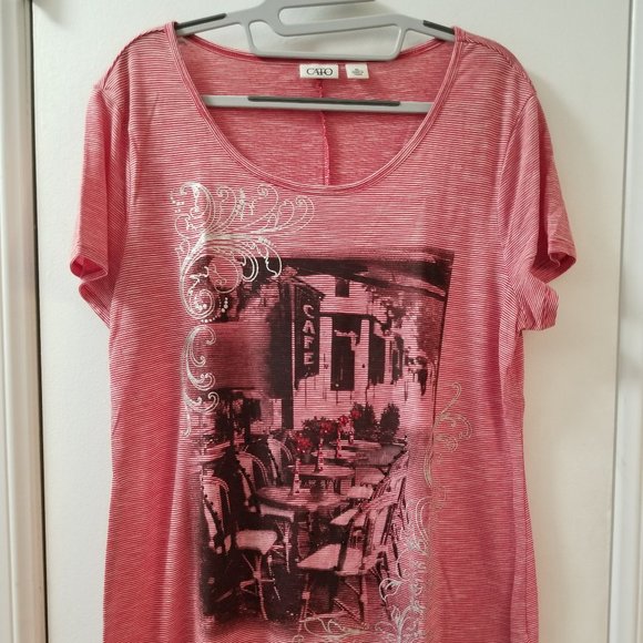 Scoop neck short sleeve Parisian Cafe screen with rhinestones & Foil mini stripe - Picture 1 of 7